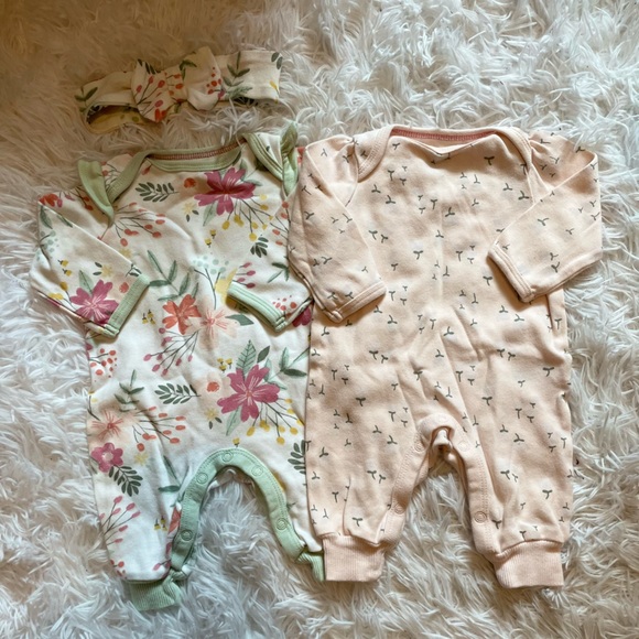 cloud island One Pieces Cloud Island Baby Girl Newborn Floral Coverall Set Of 2 With Bow